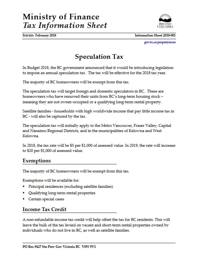 Speculation Tax Information Sheet