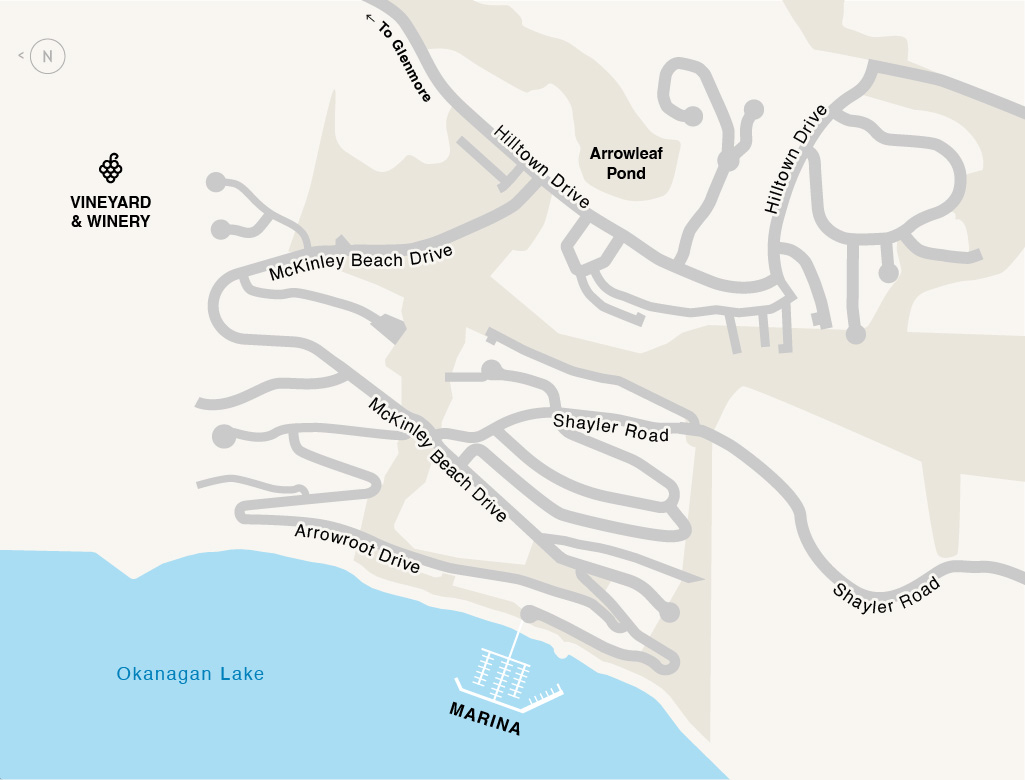 a top-down map of Kelowna's McKinley neighbourhood showing the McKinley Beach area, marina, vineyard and winery, pond, Okanagan Lake and roads.