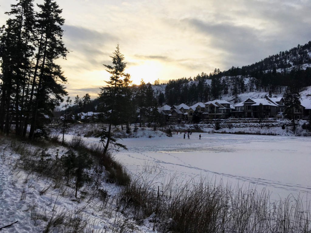 a frozen pond in kelowna's glenmore neighbourhood on a grey winter day with kids playing hockey on the ice